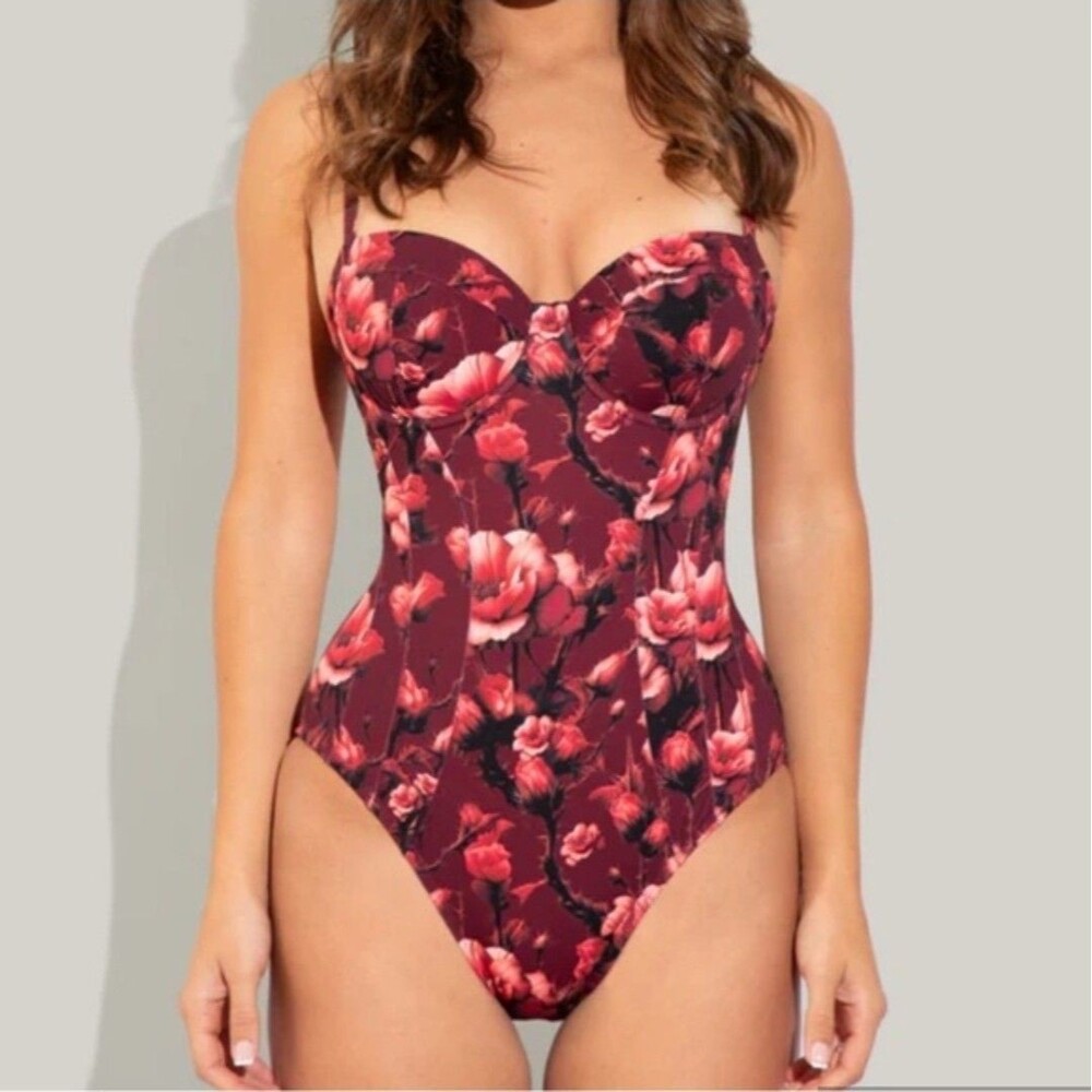 TA3 Womens Wine Floral Lushy C cup Swim body sculpt Sz M X Long Torso New